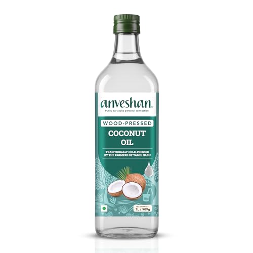 Anveshan Wood Cold Pressed Coconut Oil 1L | Kolhu/Kacchi Ghani/Chekku Method | Plastic Bottle | Natural & Chemical-Free | Edible Grade | Ideal for Cooking, Skin & Hair, Baby Massage