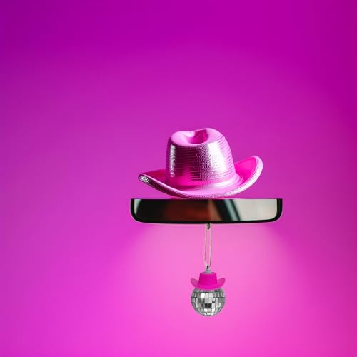 Image of Pink Disco Ball Car Accessory, Disco Car Mirror Ornament, Disco Cowboy Hat Car Charm, Car Disco Decor, Disco Ball for Car Mirror Decor, Disco Car Charm Car Mirror Hanging Accessories