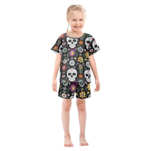 ALAZA Skeleton Flower Blossom Sugar Skull Pajamas Set Short Sleeve Cotton Sleepwear Summer Pjs 2 Piece 5-14Y3