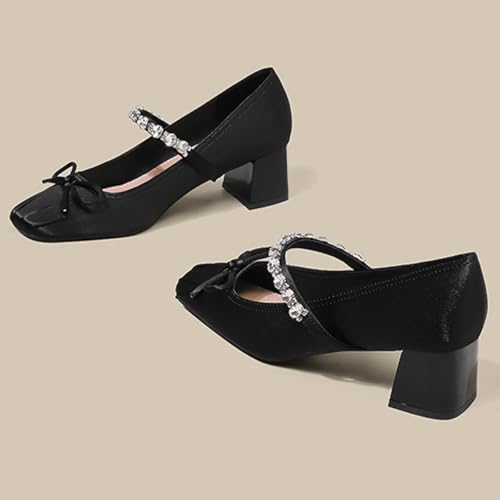 FOWT Women Bow Square Toe Mary Janes Rhinestone Studded Chunky Block Low Heel Pumps Ballet Dressy Formal Prom Shoes Size 4-16 US4