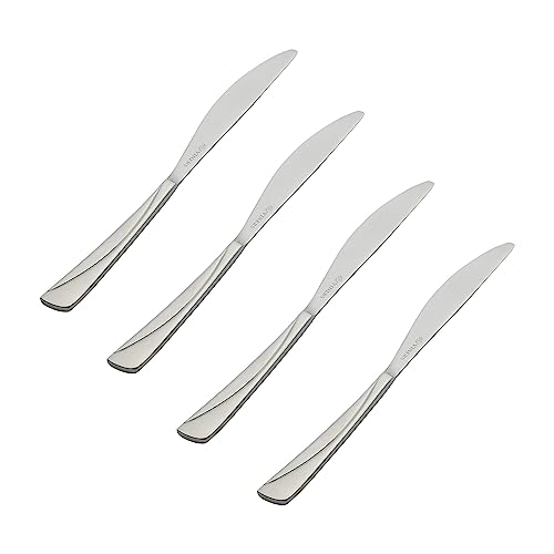 Set di coltelli da tavola: questa confezione di posate di coltelli da tavola è invidiabilmente elegante. Questo design unico delle posate segue la forma classica con un dettaglio elegante aggiunto. La forchetta da tavola è perfettamente bilanciata con manici contemporanei che sono sottili e lisci.