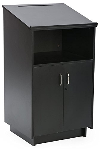 45.5" Tall Podium With Locking Cabinet, Inner Shelf, 25" Wide Angled Surface With Lip (Black) #TOP1