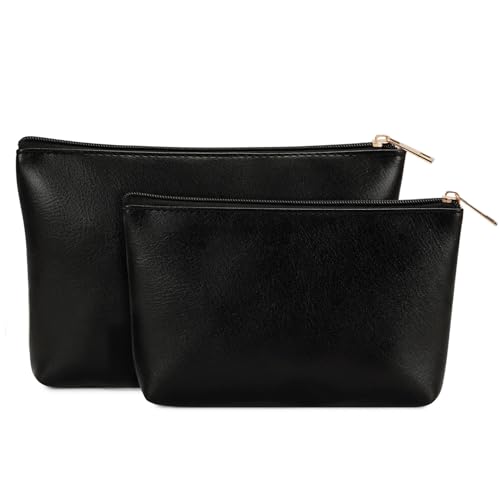 Wandering Nature Makeup Bag Small Cosmetic Bag for Purse 2 Pack Small Make Up Pouch Vegan Leather Cute Travel Pouch with Zipper for Women, Black