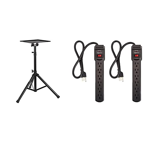 Amazon Basics Multi-Purpose Adjustable Portable Tripod Stand for Workstation, Music, DJ, Projector, or Mixer & 6-Outlet, 200 Joule Surge Protector Power Strip, 2 Foot, Black - Pack of 2