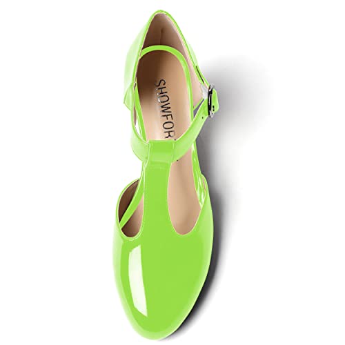 SHOWFOREST Women's Casual T Strap Patent Office Buckle Round Toe Wedge Low Heel Pumps Shoes 2 Inch3