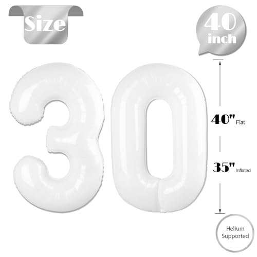 Image of White Number 30 Balloon 40 inch, Translucent 30 Number Balloons, 30th White Birthday Decorations for Women Men, 30 Year Old Party Supplies