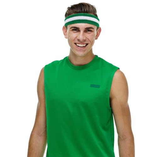 Image of 30 Pcs Sweatbands Wristbands Set Absorbent Terry Cloth Headbands Wristbands Neon Color Striped 80s Athletic Sweatbands for Sports Gym Exercise