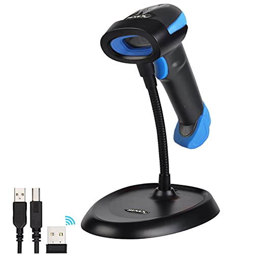 HENEX HC-3208R with Stand 2D Wireless Barcode Scanner 2 in 1 Wired QR Barcode Scanner Handheld 1D Barcode Reader Rechargeable (Blue)