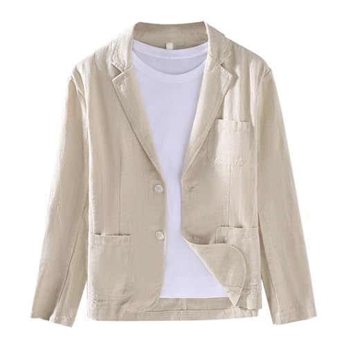 Blazer de lino y algodón para hombre, corte ajustado, color liso, ajuste holgado, chaqueta de traje, blazer blanco, primavera, verano, informal, negocios, XXL