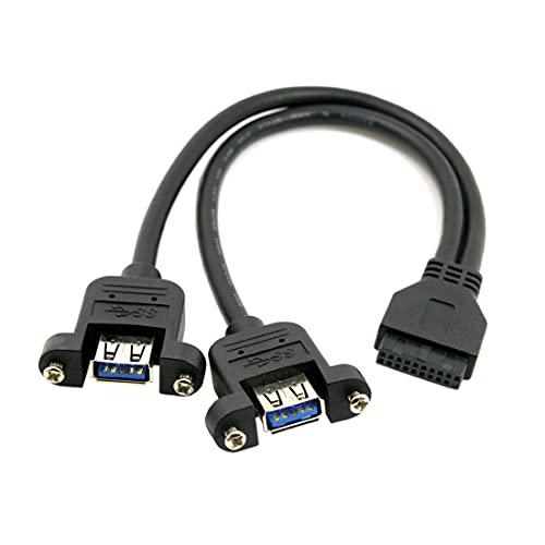ChenYang CY Motherboard 20 Pin Header Female to USB 3.0 Dual Ports A Female Screw Mount Type Cable Black, 30cm