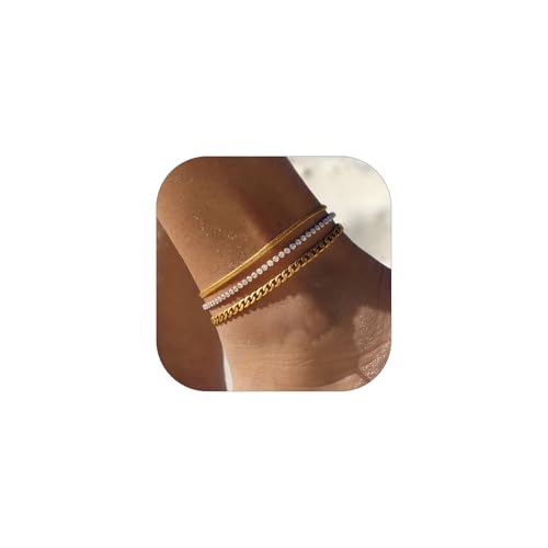 ChainsHouse Ankle Bracelets for Women, Stainless Steel Chain Anklets Waterproof, Women Summer Beach Jewelry Gift, Come with Box 08. 3pcs CZ Cuban-Gold