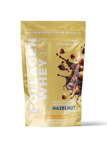 Kollagen & Whey Proteinpulver Haselnuss - Keto & Lower-Carb Shake, 22g Eiweiß, 0,5g Kohlenhydrate, Glutenfrei, Stevia gesüßt, Weidehaltung | 15 Portionen