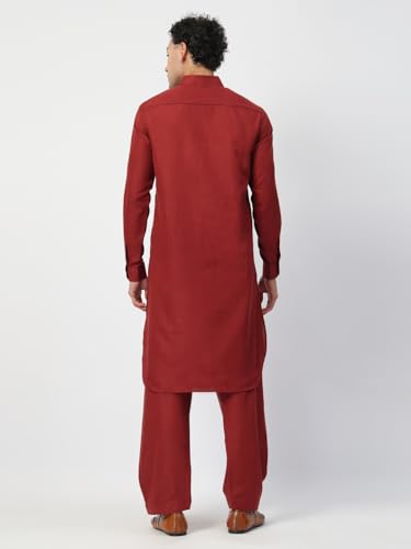 Image of Men's Traditional Pathani Kurta Salwar Set, Red, Long Sleeve, Collared Neck, Cotton Blend, Ethnic Wear
