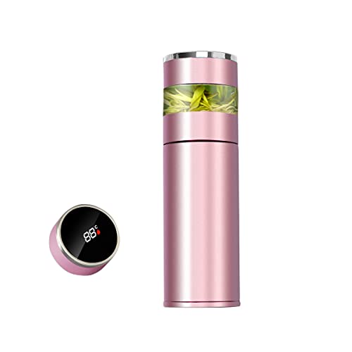 Tea Infuser Bottle - Coffee thermos - Smart Sports Water Bottle with LED Temperature Display,Double Wall Vacuum Insulated Water Bottle - Travel Tea Mug with Stainless Steel Filter (Pink)