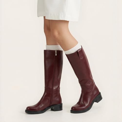 Image of KaroNairy Women Knee High Boots Faux Leather Long Boots Low Chunky Heel Square Toe Side Zipper Fall Tall Boots