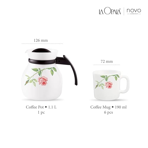 Image of La Opala Novo Collection Opal Glass Crockery | Coffee Set 7 pcs | Coffee Mug with Coffee Pot, Rose Garden | for Tea & Coffee | Microwave Safe | 100% Vegetarian | Extra Strong | Light & White