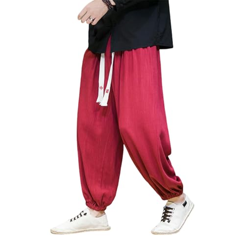 Pantalon homme coton lin style chinois harem ample de couleur unie vêtement de printemps