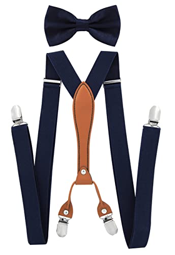 axy Herren Hosenträger mit Fliege im 2er Set Breit 2,5 cm X-Form und 4 Starken Clips PU25 (Schwarzblau)