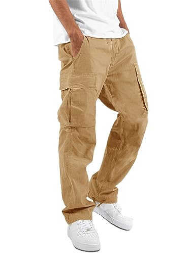 Hndudnff Men's Cargo Pants Loose Straight Multi Pocket Pants Solid Work Jogger Cotton Casual Trousers