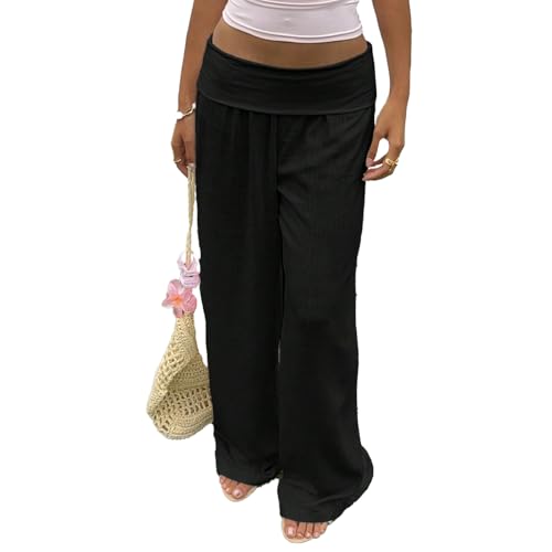 ICNGLKSND Womens Casual Fold Over Loose Pants Solid Low Waist Wide Straight Leg Sweatpants Lounge Flowy Pajmas Trouser4