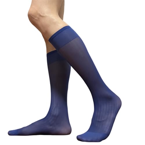 Socks,Mens Thin Silk Formal Dress Suit Socks Clear Sheer Over the Calf Tube Socks Male Business Dress Wide Striped Long Socks