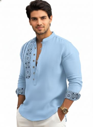 Image of Amazon Brand - INKAST Men's Cotton Blend Mandarin Collar Self One Design Full Sleeve Casual Short Kurta