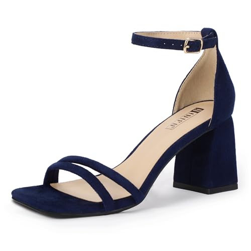 IDIFU Navy Blue Heels for Women Strappy Chunky Block Low Square Open Toe Heels Dress Shoes for Women Wedding Prom Bridal Bridesmaid Shoes Ankle Strap Trendy Heeled Sandals (Navy Blue Suede 8.5)