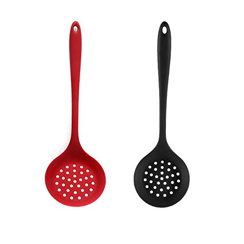 Silicone Skimmer Spoon Set 2, Non-Stick Cooking Slotted Colander Spoon Skimmer Strainer, Kitchen Sink Ladle Strainer Silicone Filter Spoon with Long Handle,Red and Black 32.5X10CM