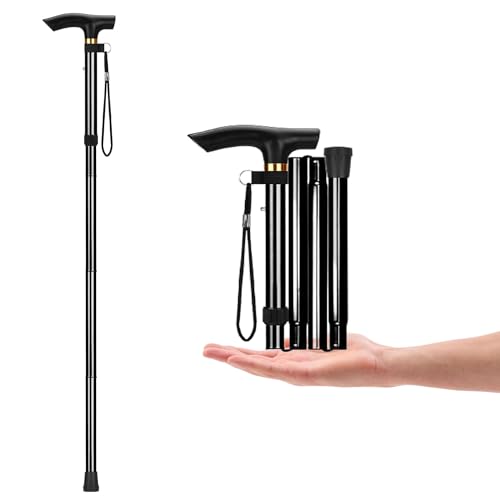 YOBOKO Aluminum Alloy Walking Sticks Trekking Poles Foldable Hiking Stick Anti-slip Cane for Elderly Length Adjustable Walking Stick (Black)