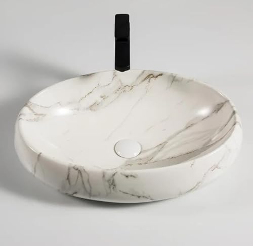 Image of Designer Counter Top Wash Basin | Tabletop Ceramic Bathroom Sink | Wash Basin Over Counter | Wash Basin For Bathroom, Living Room (24 x 15 x 6 Inch) (White N Grey Strip)