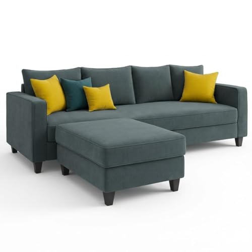 Image of FURNY Conva 5 Seater L Shape Sofa Set with Movable Ottoman | Flexible Left or Right Layout | Plush Velvet Fabric (Dark Grey) | Perfect for Living Room, Guest Room & Office