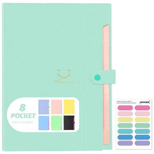 Expanding File Folder, 8 Pockets Accordion File Organizer, A4 Letter Size Paper Document Receipt Organizer Accordian Filing Folder for Classroom, Home, Office and Travel(Green)