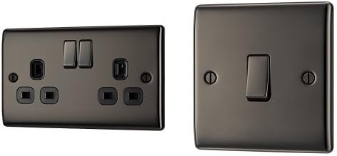 BG Electrical NBN22B-01 13 A Electrical 2-Gang Metal Switched Plug Socket, Black Nickel + NBN12 10 A Electrical 1-Gang 2-Way Metal Nickle Light Switch, Black
