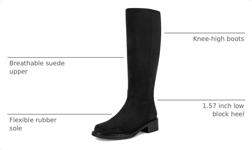 Image of Dsevht Black Knee High Boots for Women Faux Leather Elastic Low Heel Round Square Toe Side Zipper Fall Long Tall Boot