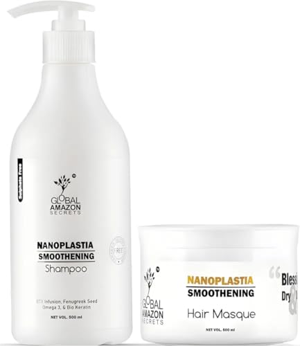 Image of Global Amazon Secrets Original Combo Nanoplastia Shampoo & Hair Masque(mask) 500ml each | Btx Infusion, Fenugreek, Omega 3 & BioKeratin | Sulphate, parabens & Silicon Colour Free(1 shampoo 1 masque