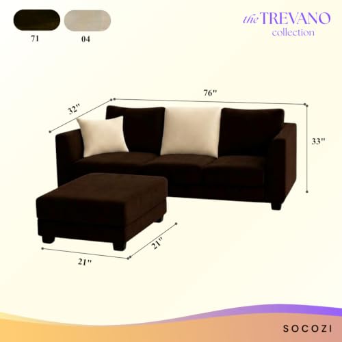 Image of SOCOZI Trevano 4 Seater L Shape Sofa Set with Movable Ottoman | Flexible Left or Right Layout | Soft Velvet Suede Fabric | Modern Design | Plush Comfort Cushions for Living Room (Dark Brown-Cream)