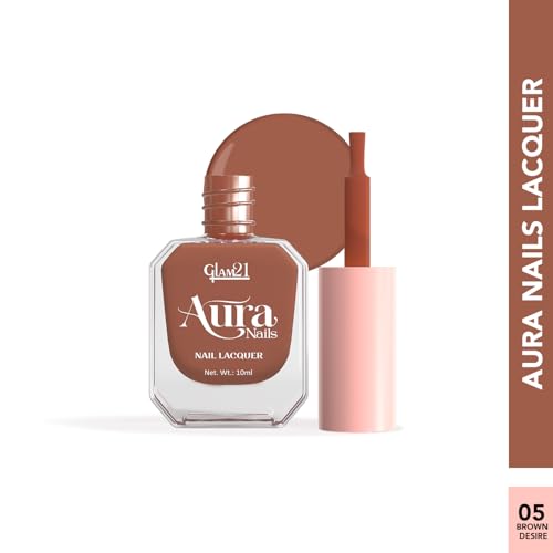 Image of Glam21 Aura Nails Nail Lacquer |Long-Lasting, Quick-Dry, High-Shine Nail Enamel | Chip-Free Formula | Smooth Application & Vibrant Finish| 10ml Each | Pack Of 2 (Barely Brownd & Brown Desire)