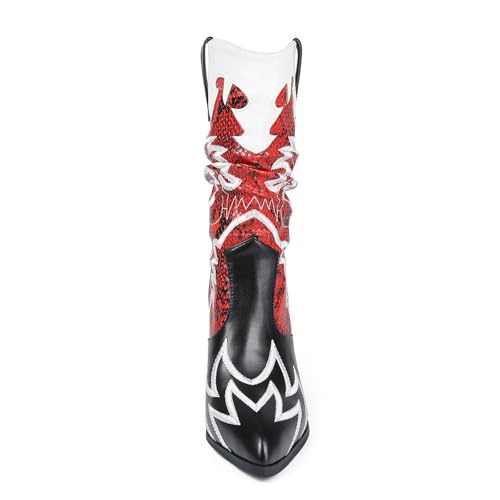 Image of Women Cowboy Boots Mid Calf Embroidered Cowboy Boots for Women Knee High Chunky Heel Pointed Toe Wide Calf Western Boots Cowgirl Boots