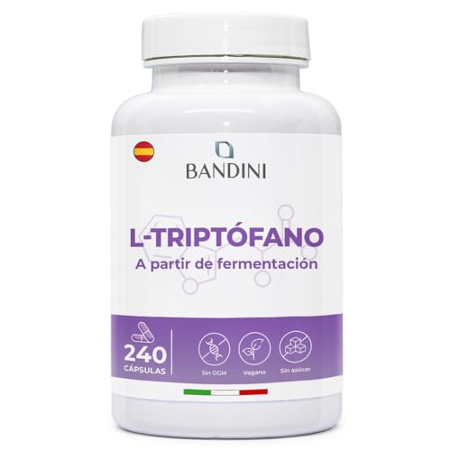 Bandini® L-Triptófano 240 Cápsulas (Suministro para 8 Meses), Triptófano 500mg - Suplemento para Dormir y Mejorar la Calidad del Sueño - Antiestrés Relajante del Sueño - 100% Vegano