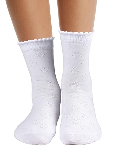 COTTON DAY Girls White Dressy Textured Short Socks Scallop Top Heart Design 8-10 Years Size L (10)