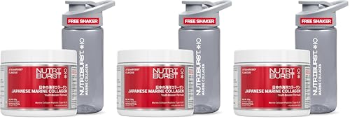 Image of Nutriburst Japanese Marine Collagen Powder (Type I & III), 300g with 300ml Bottle | For Skin, Hair, Nails & Joints | Strawberry Flavour | High Absorption Collagen for Men & Women | Pack of 3