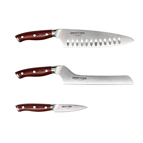 Ergo Chef Crimson Series 3 Piece Cutlery Set 8-In Chef knife, 8-In Off-Set Serrated Bread & Deli Knife, and 3.5-In Paring Knife â€“ Forged German X50CrMoV15 Stainless Steel with Durable G10 Handles