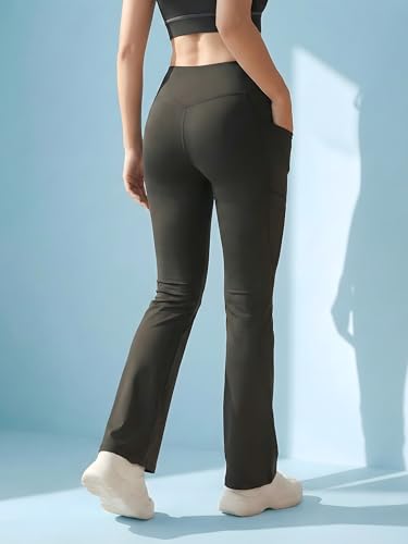 Image of BLINKIN Flared Gym Pants for Women Workout - Gym Tights Leggings with Crossover Belt | Workout Lowers | Trackpants |Gym Lower| Flare Yoga Pant for Woman with Side Pocket (4047)