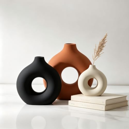 Querro Ceramic Vase Set of 3 - Modern Minimalist Matte Flower Vases for Home Decor, Donut-Shaped Table Centerpieces for Living Room, Shelf, Mantel, Entryway - 8.3" 7" 5.3" (Black, Terracotta, Cream)