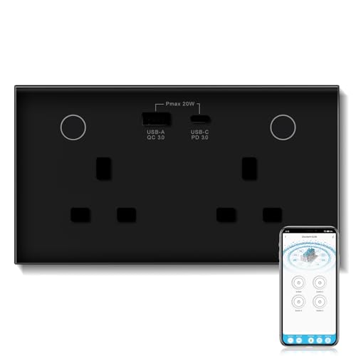BSEED WiFi Socket 2 Gang with USB and Type C Compatible with Alexa and Google Home, Metered Socket With APP Remote Control Compatible with Smart Life, Timer Outlet Smart Outlet 16A Black