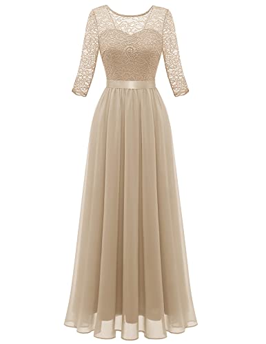 BeryLove Women Long Sleeve Formal Party Dress Lace Wedding Guest Maxi Dresses Elegant Cocktail Evening Gowns