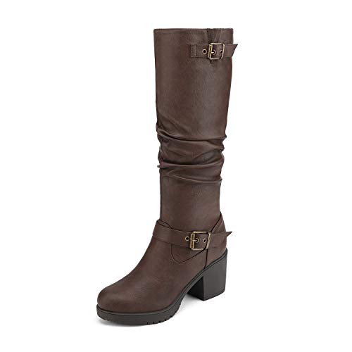 DREAM PAIRS Women's Chunky Heel Knee High Boots Side Zipper Round Toe Boots with Faux Fur Lining 8 Brown