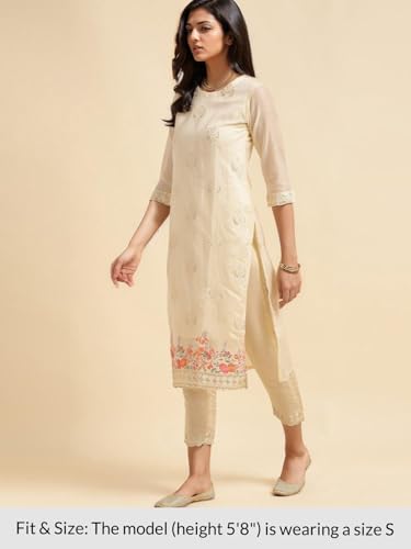 Image of rangita Off White Chanderi Embroidered Straight Kurta with Pant | Kurta Set for Women
