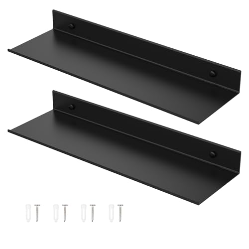 DJAPWPX 2 Pack Black Aluminum Floating Shelves - 40cm Wall Mounted Shelf Set, Heavy Duty Alloy Metal Shelving for Bathroom, Kitchen, Living Room, Bedroom & Office - Modern Minimalist Storage Solution