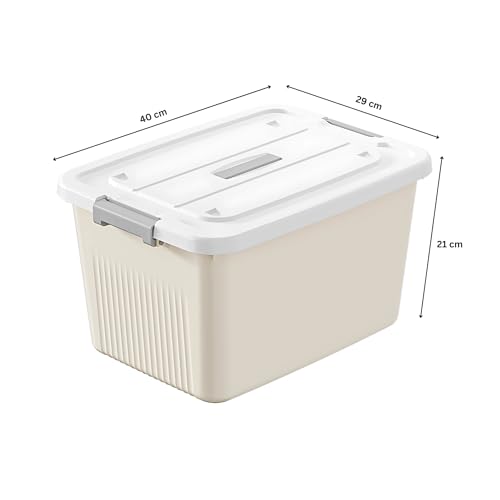 Image of KREPS Plastic Storage Bins With Latching Lids Stackable Containers, Large Storage Box For Bedroom, Basement, Classroom, Camping, Office (CREAM, LARGE - 14.5 X 10.5 X 8.2 INCH, PACK OF - 3)